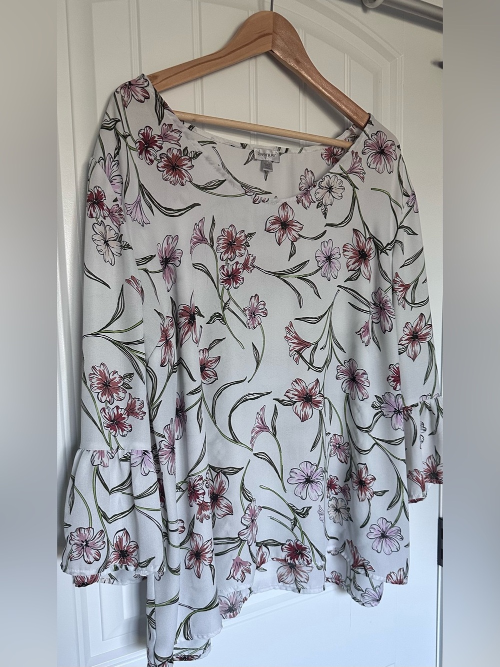 Avenue Floral Bell Sleeve Blouse White Pink Flowy Top